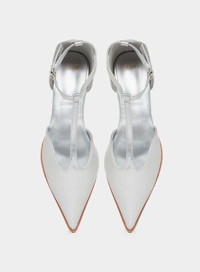 Styli Silver T-Strap Flats Shoes - Image 5